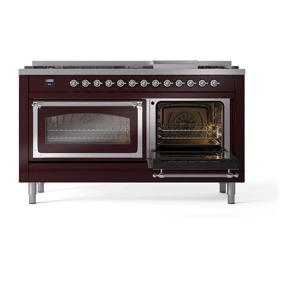 Ilve UN60FNMPBUC Ilve Un60Fnmpbuc Nostalgie Ii Noblesse 60" Dual Fuel Range (9 Sealed Burners   Griddle, Natural Gas, Triple Glass Door, Burgundy, Chrome)