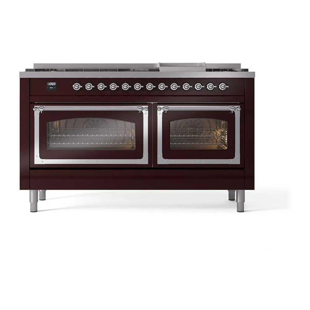 Ilve UN60FNMPBUC Ilve Un60Fnmpbuc Nostalgie Ii Noblesse 60" Dual Fuel Range (9 Sealed Burners   Griddle, Natural Gas, Triple Glass Door, Burgundy, Chrome)