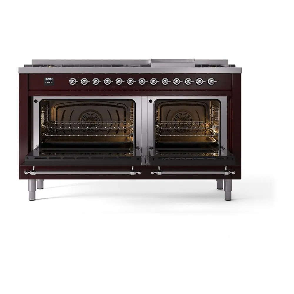 Ilve UN60FNMPBUC Ilve Un60Fnmpbuc Nostalgie Ii Noblesse 60" Dual Fuel Range (9 Sealed Burners   Griddle, Natural Gas, Triple Glass Door, Burgundy, Chrome)