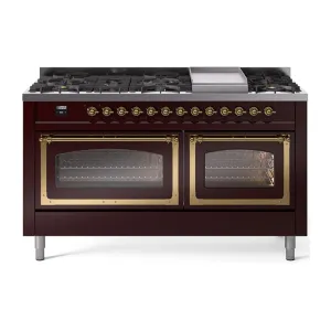 Ilve UN60FNMPBUGLP Ilve Un60Fnmpbuglp Nostalgie Ii Noblesse 60" Dual Fuel Range (9 Sealed Burners   Griddle, Liquid Propane, Triple Glass Door, Burgundy, Brass) Professional Ranges dual fuel professional range 36 inch