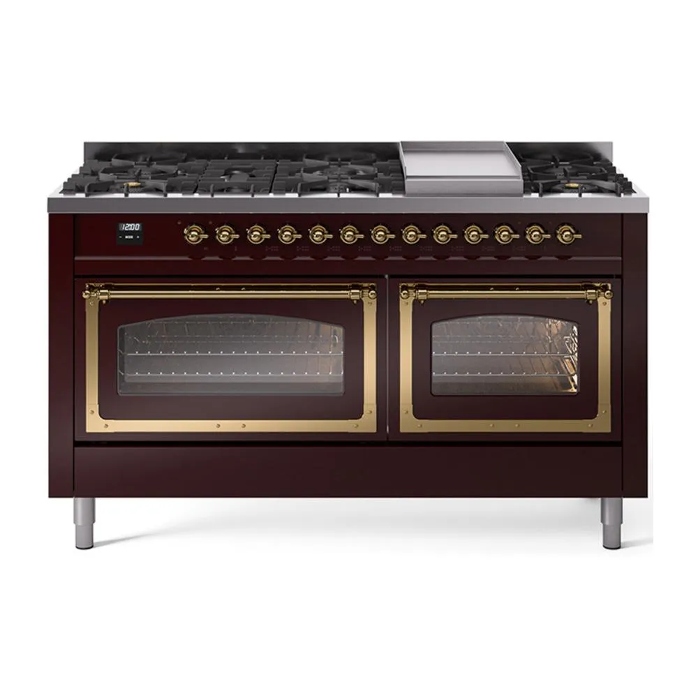 Ilve UN60FNMPBUGLP Ilve Un60Fnmpbuglp Nostalgie Ii Noblesse 60" Dual Fuel Range (9 Sealed Burners   Griddle, Liquid Propane, Triple Glass Door, Burgundy, Brass) Professional Ranges dual fuel professional range 36 inch