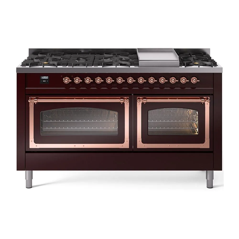 Ilve UN60FNMPBUPLP Ilve Un60Fnmpbuplp Nostalgie Ii Noblesse 60" Dual Fuel Range (9 Sealed Burners   Griddle, Liquid Propane, Triple Glass Door, Burgundy, Copper) Professional Ranges dual fuel professional range 36 inch