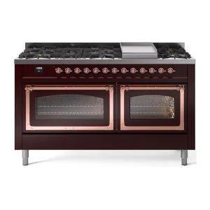 Ilve UN60FNMPBUPLP Ilve Un60Fnmpbuplp Nostalgie Ii Noblesse 60" Dual Fuel Range (9 Sealed Burners   Griddle, Liquid Propane, Triple Glass Door, Burgundy, Copper) Professional Ranges dual fuel professional range 36 inch