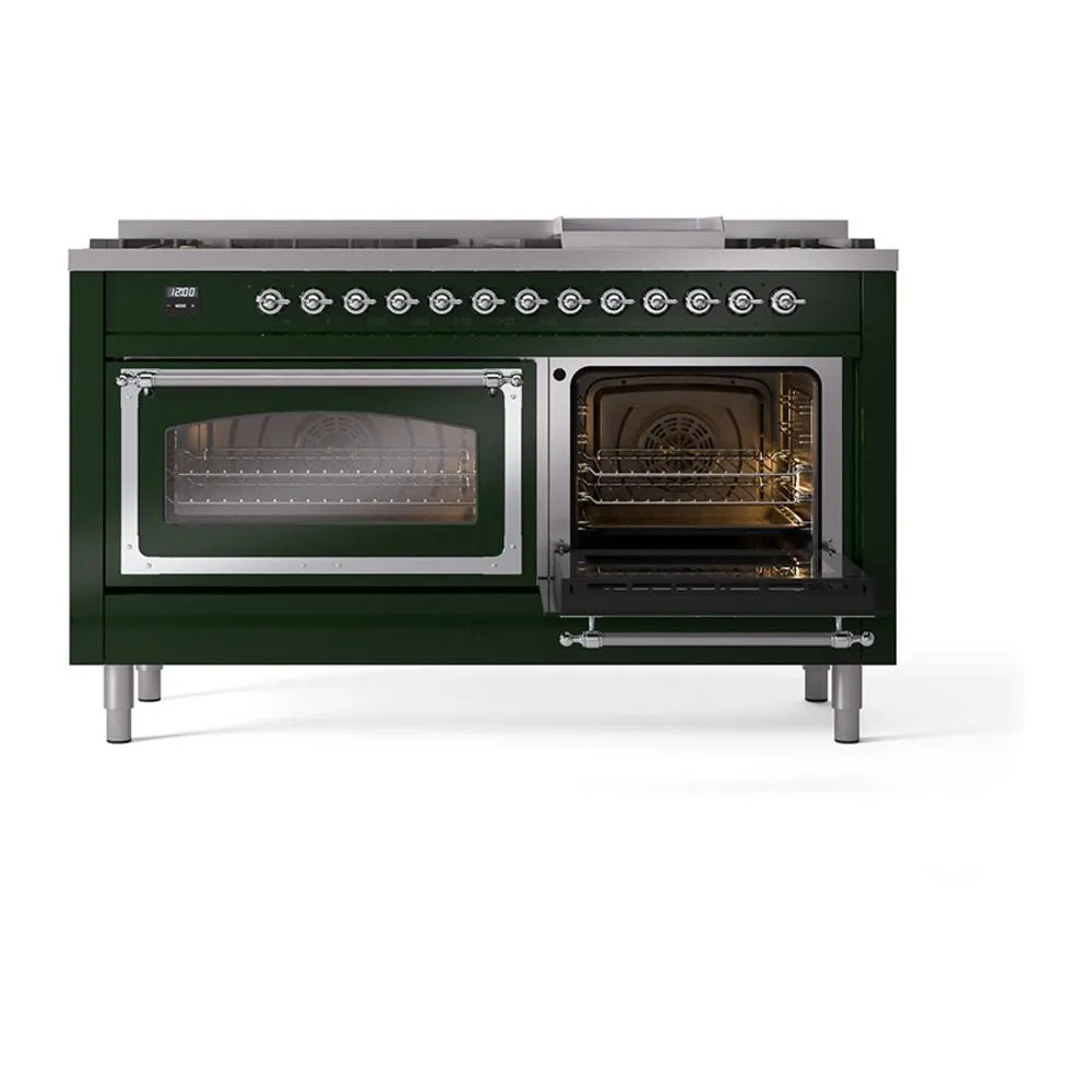 Ilve UN60FNMPEGC Ilve Un60Fnmpegc Nostalgie Ii Noblesse 60" Dual Fuel Range (9 Sealed Burners   Griddle, Natural Gas, Triple Glass Door, Emerald Green, Chrome)