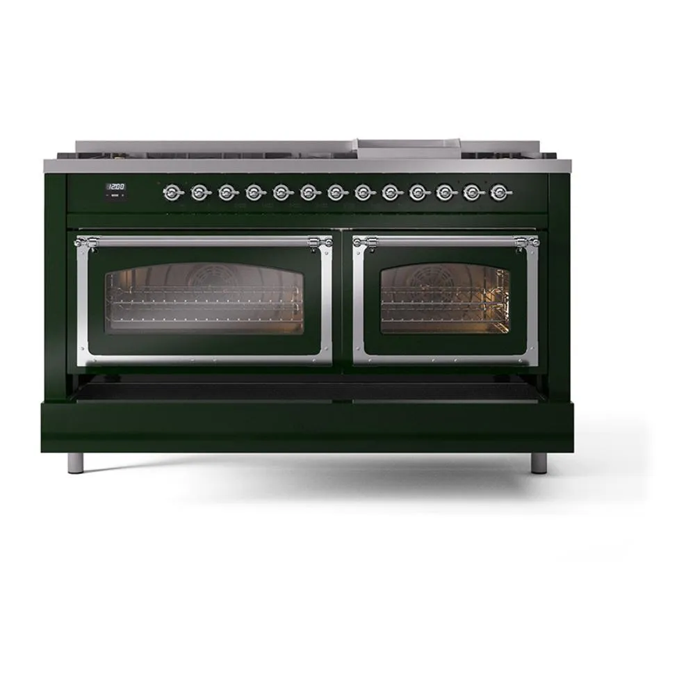 Ilve UN60FNMPEGC Ilve Un60Fnmpegc Nostalgie Ii Noblesse 60" Dual Fuel Range (9 Sealed Burners   Griddle, Natural Gas, Triple Glass Door, Emerald Green, Chrome)