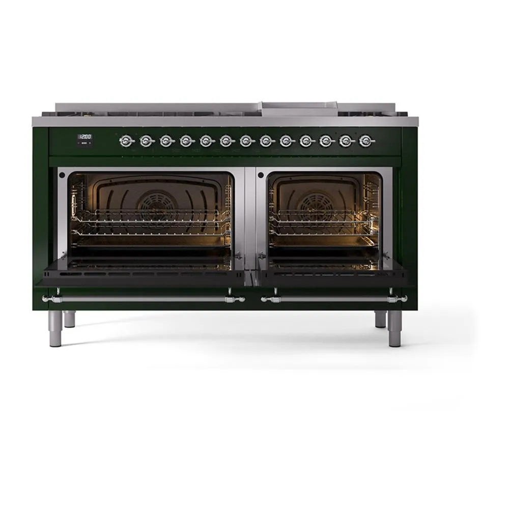 Ilve UN60FNMPEGC Ilve Un60Fnmpegc Nostalgie Ii Noblesse 60" Dual Fuel Range (9 Sealed Burners   Griddle, Natural Gas, Triple Glass Door, Emerald Green, Chrome)