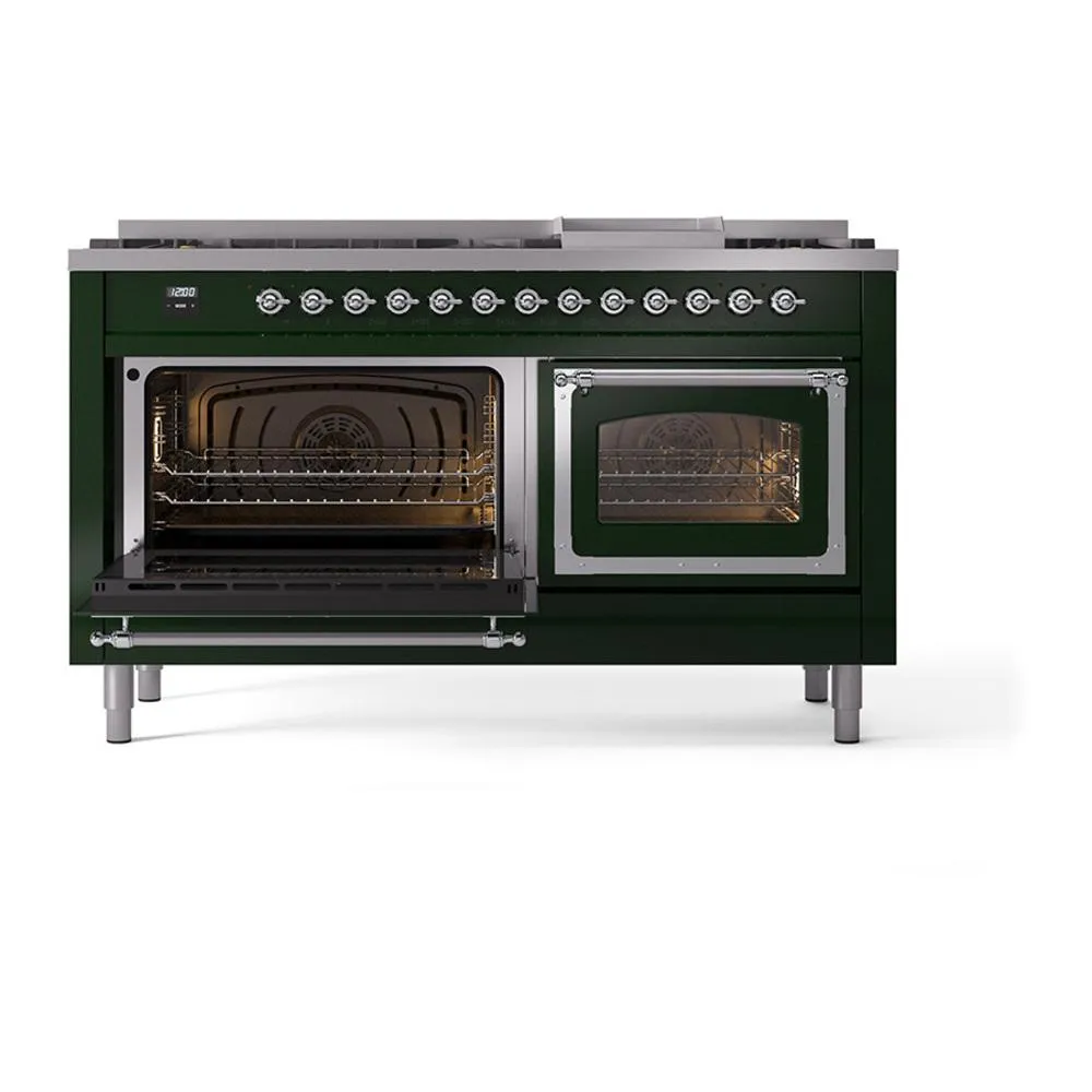 Ilve UN60FNMPEGC Ilve Un60Fnmpegc Nostalgie Ii Noblesse 60" Dual Fuel Range (9 Sealed Burners   Griddle, Natural Gas, Triple Glass Door, Emerald Green, Chrome)