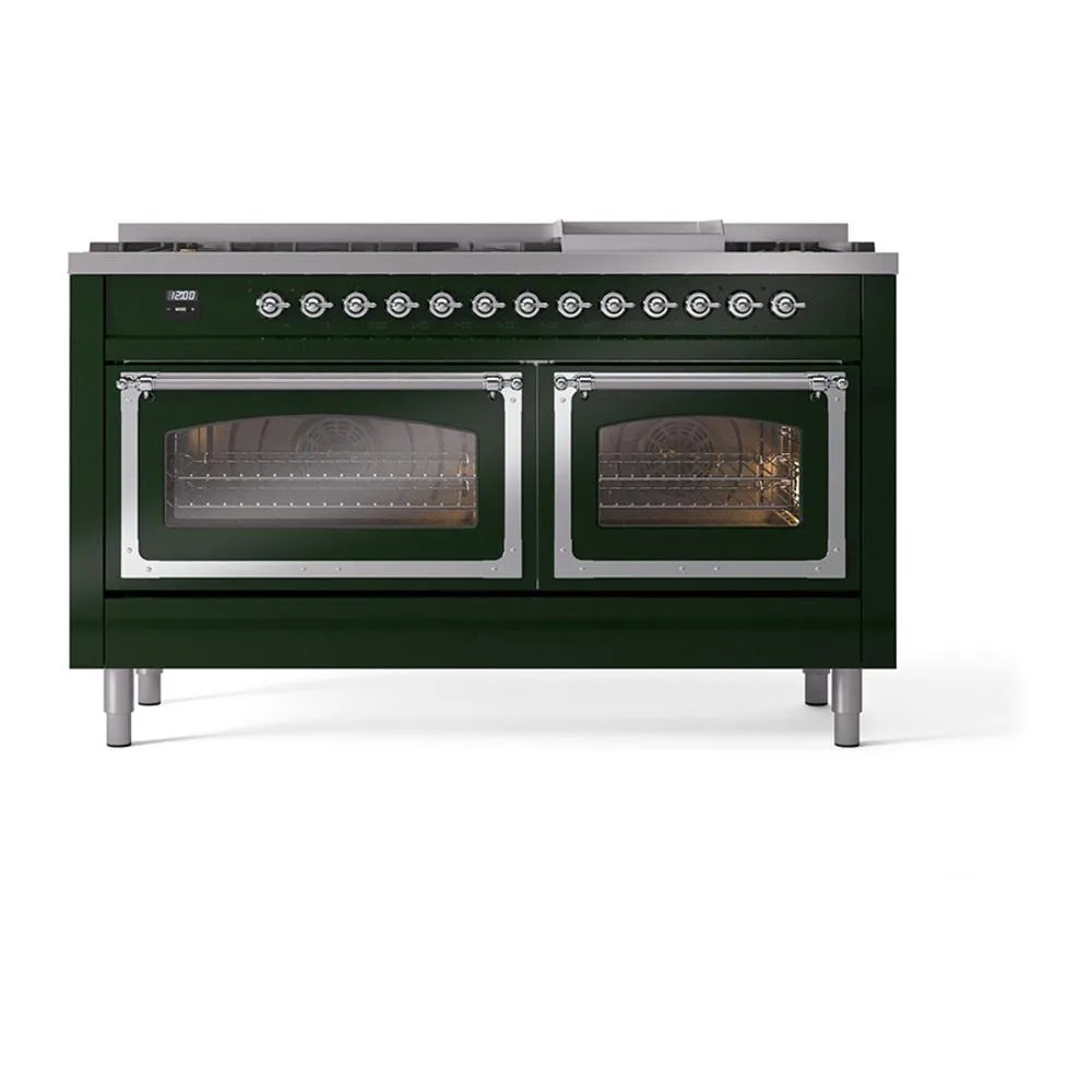 Ilve UN60FNMPEGC Ilve Un60Fnmpegc Nostalgie Ii Noblesse 60" Dual Fuel Range (9 Sealed Burners   Griddle, Natural Gas, Triple Glass Door, Emerald Green, Chrome)