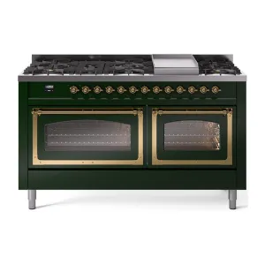 Ilve UN60FNMPEGGLP Ilve Un60Fnmpegglp Nostalgie Ii Noblesse 60" Dual Fuel Range (9 Sealed Burners   Griddle, Liquid Propane, Triple Glass Door, Emerald Green, Brass) Professional Ranges dual fuel professional range 36 inch