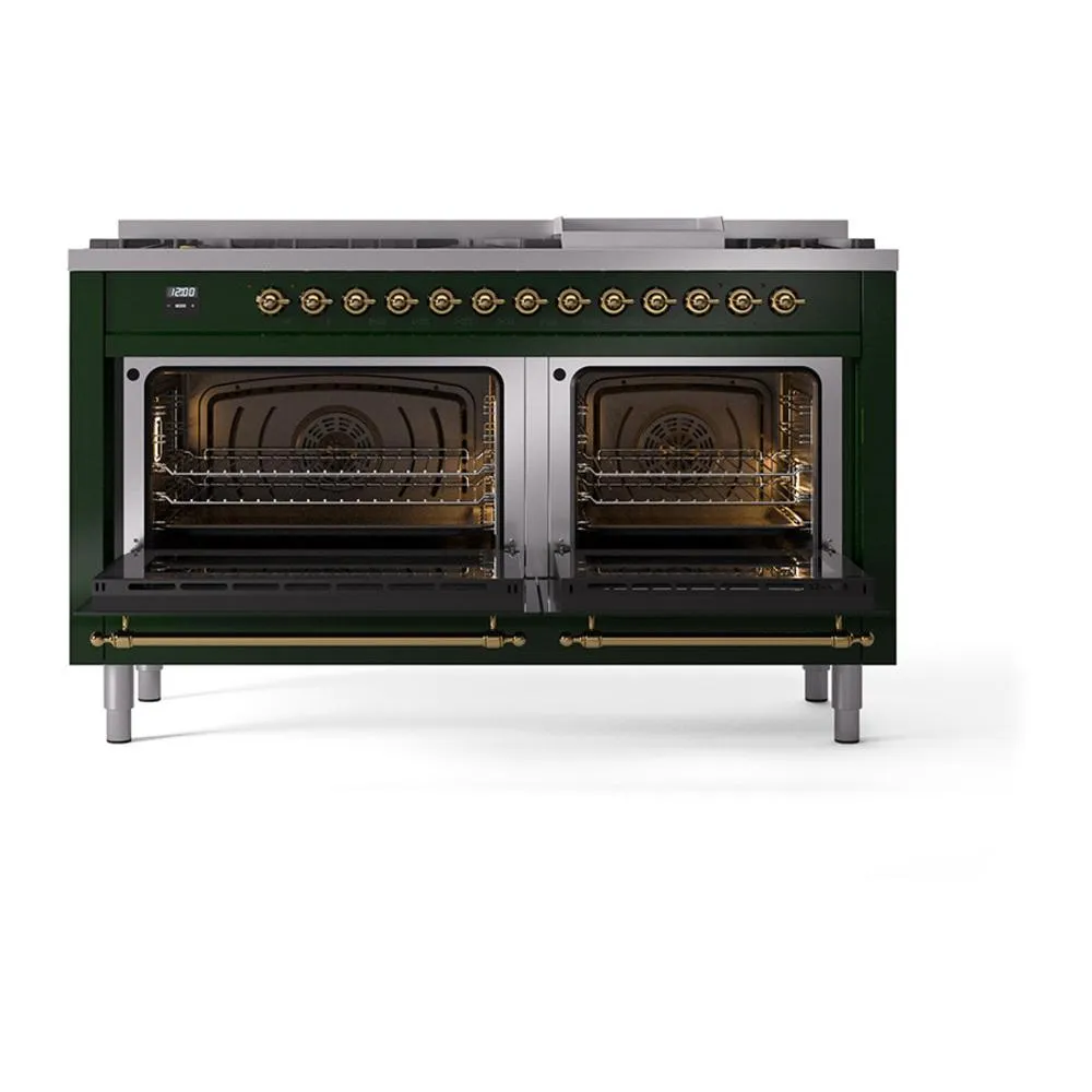Ilve UN60FNMPEGGLP Ilve Un60Fnmpegglp Nostalgie Ii Noblesse 60" Dual Fuel Range (9 Sealed Burners   Griddle, Liquid Propane, Triple Glass Door, Emerald Green, Brass)
