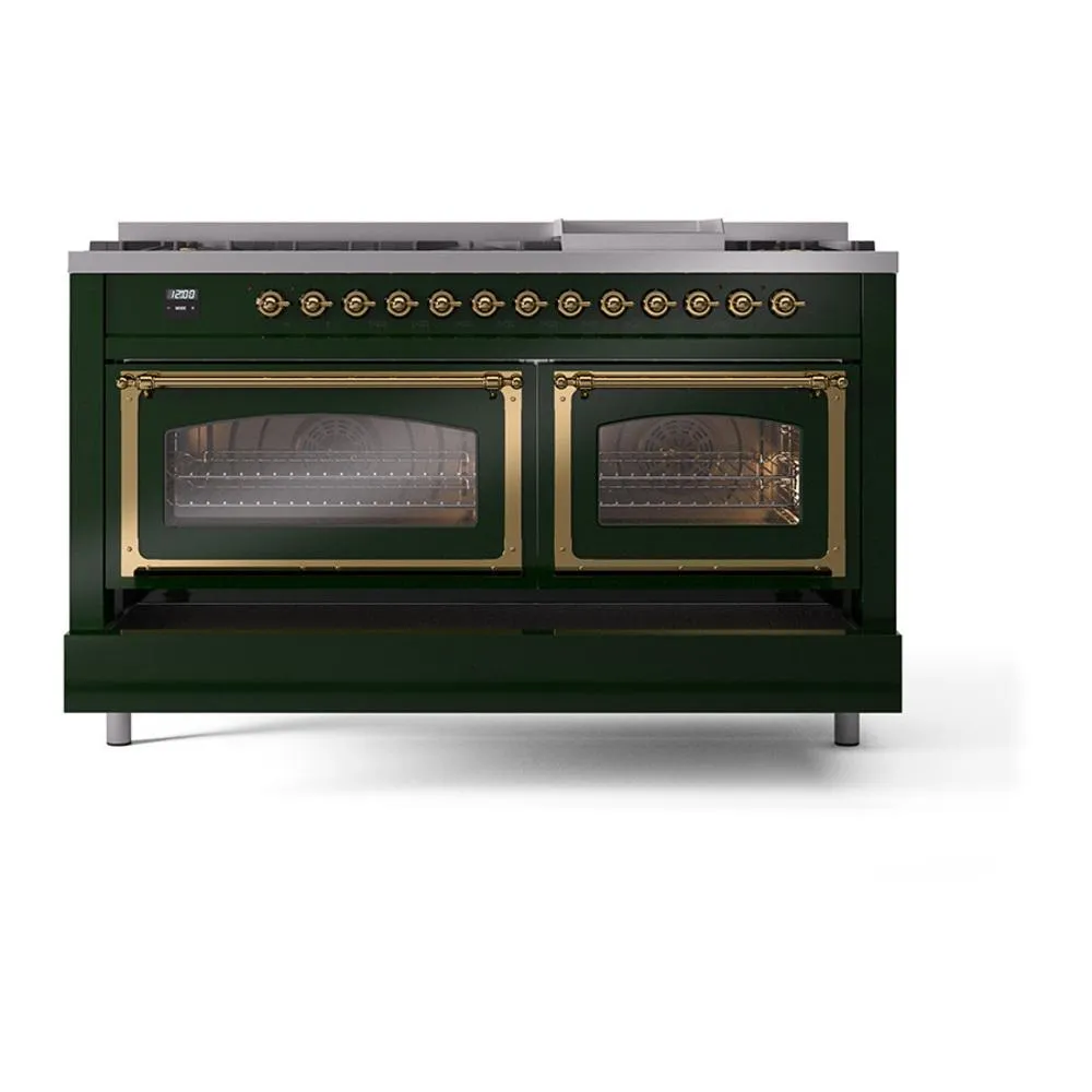 Ilve UN60FNMPEGGLP Ilve Un60Fnmpegglp Nostalgie Ii Noblesse 60" Dual Fuel Range (9 Sealed Burners   Griddle, Liquid Propane, Triple Glass Door, Emerald Green, Brass)