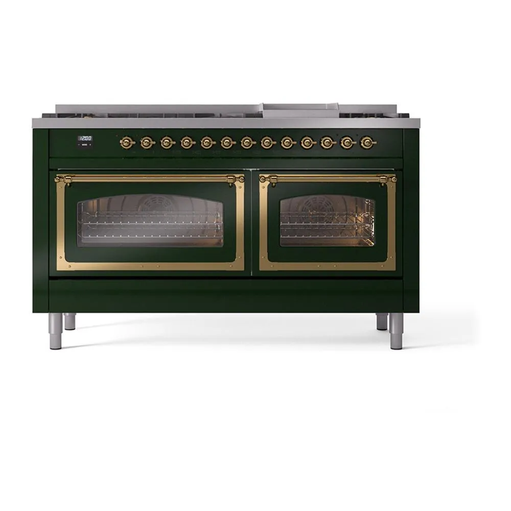 Ilve UN60FNMPEGGLP Ilve Un60Fnmpegglp Nostalgie Ii Noblesse 60" Dual Fuel Range (9 Sealed Burners   Griddle, Liquid Propane, Triple Glass Door, Emerald Green, Brass)