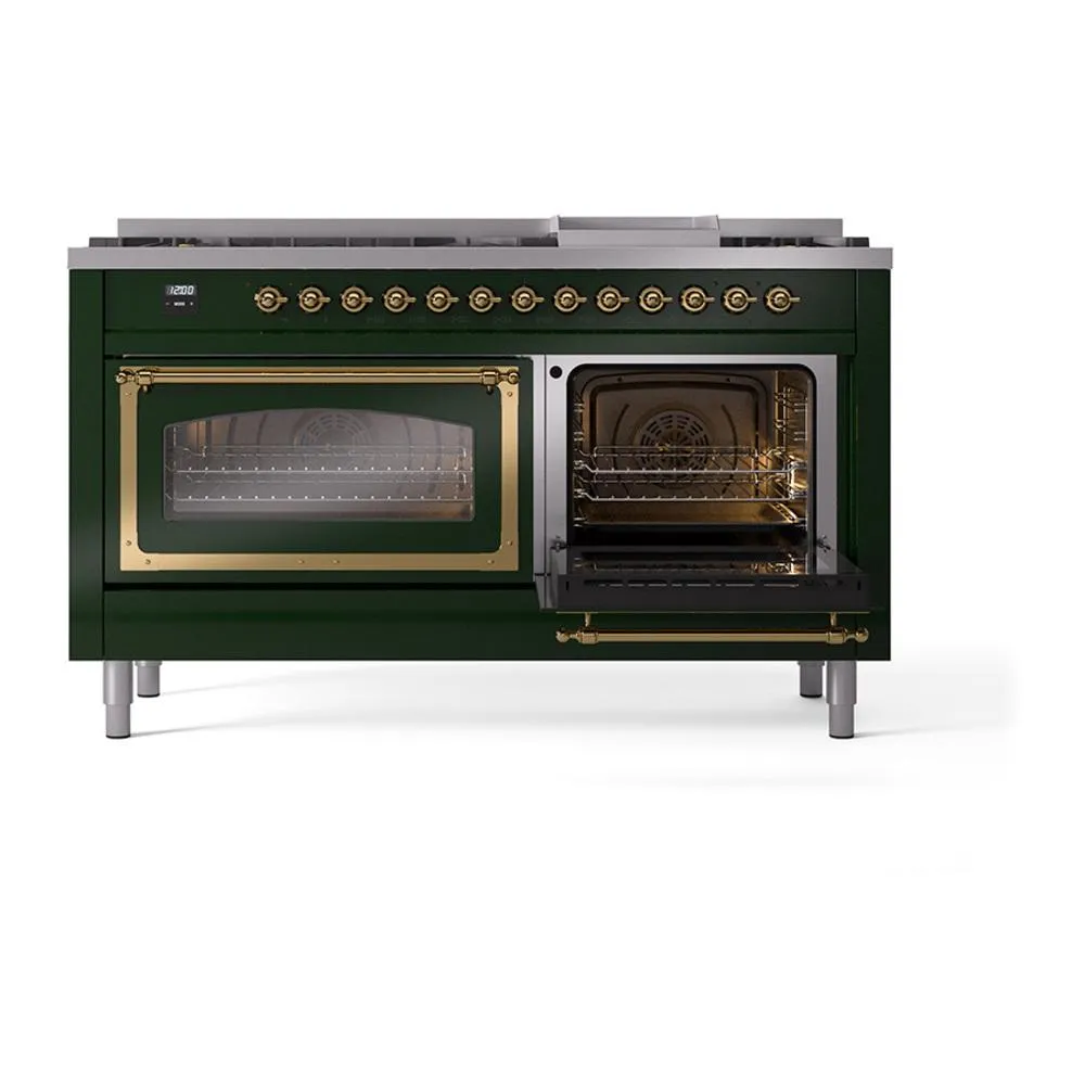 Ilve UN60FNMPEGGLP Ilve Un60Fnmpegglp Nostalgie Ii Noblesse 60" Dual Fuel Range (9 Sealed Burners   Griddle, Liquid Propane, Triple Glass Door, Emerald Green, Brass)