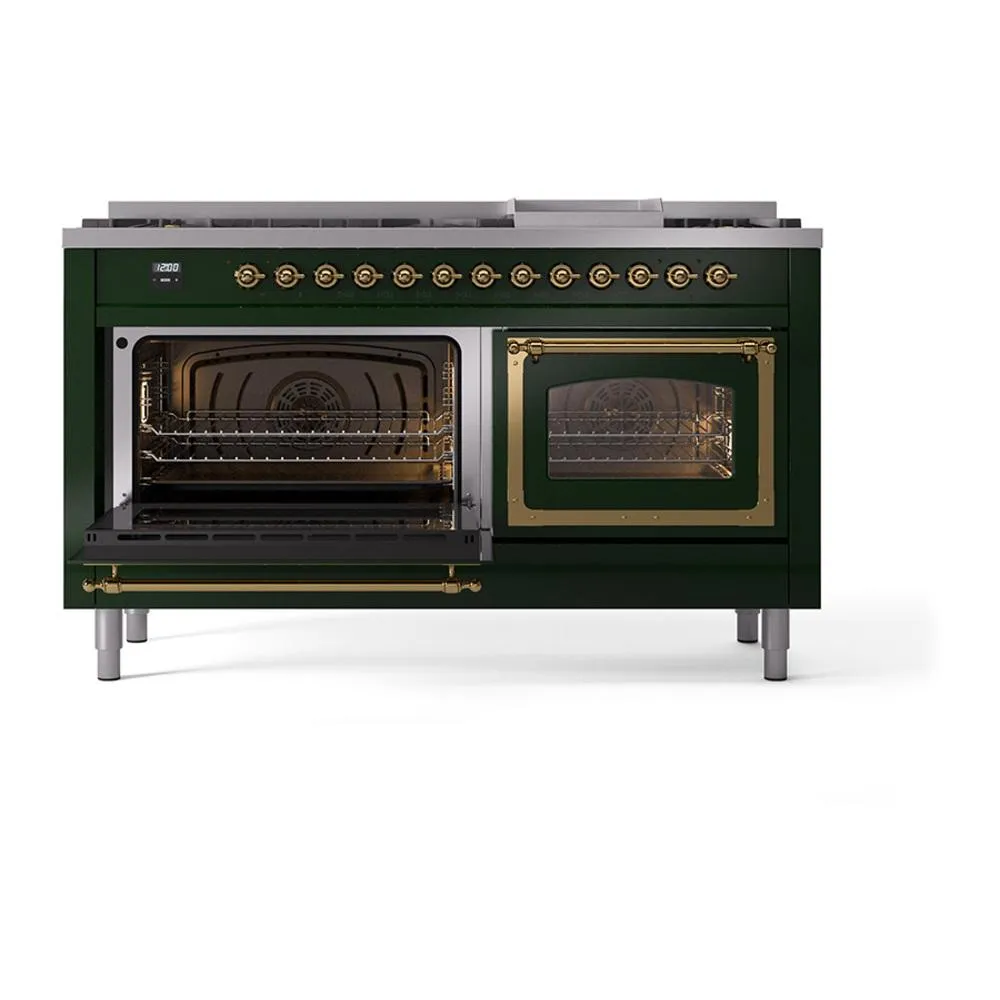 Ilve UN60FNMPEGGLP Ilve Un60Fnmpegglp Nostalgie Ii Noblesse 60" Dual Fuel Range (9 Sealed Burners   Griddle, Liquid Propane, Triple Glass Door, Emerald Green, Brass)