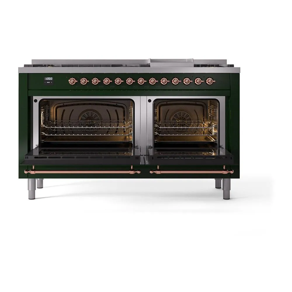 Ilve UN60FNMPEGP Ilve Un60Fnmpegp Nostalgie Ii Noblesse 60" Dual Fuel Range (9 Sealed Burners   Griddle, Natural Gas, Triple Glass Door, Emerald Green, Copper)
