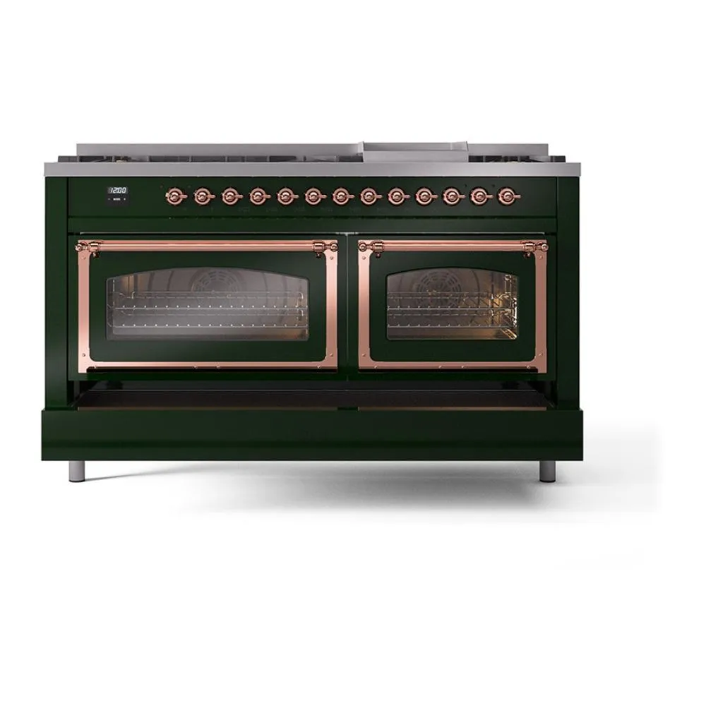 Ilve UN60FNMPEGP Ilve Un60Fnmpegp Nostalgie Ii Noblesse 60" Dual Fuel Range (9 Sealed Burners   Griddle, Natural Gas, Triple Glass Door, Emerald Green, Copper)