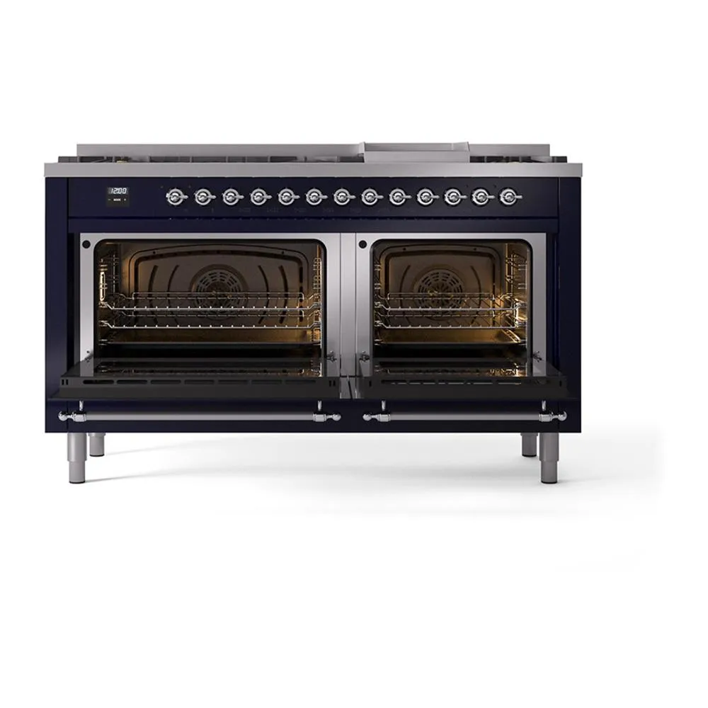 Ilve UN60FNMPMBCLP Ilve Un60Fnmpmbclp Nostalgie Ii Noblesse 60" Dual Fuel Range (9 Sealed Burners   Griddle, Liquid Propane, Triple Glass Door, Midnight Blue, Chrome)