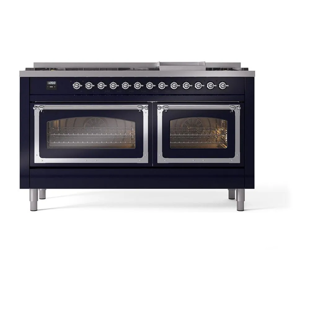 Ilve UN60FNMPMBCLP Ilve Un60Fnmpmbclp Nostalgie Ii Noblesse 60" Dual Fuel Range (9 Sealed Burners   Griddle, Liquid Propane, Triple Glass Door, Midnight Blue, Chrome)