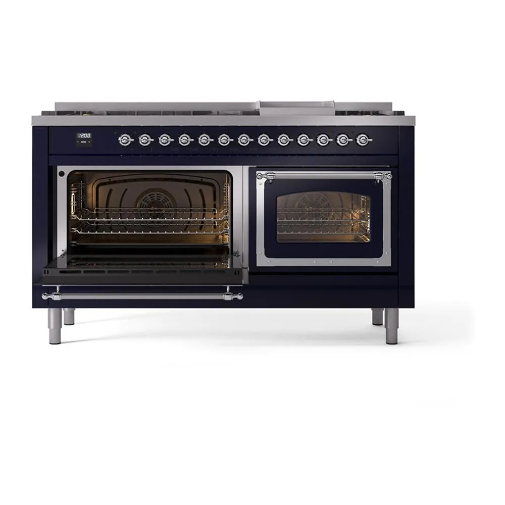 Ilve UN60FNMPMBCLP Ilve Un60Fnmpmbclp Nostalgie Ii Noblesse 60" Dual Fuel Range (9 Sealed Burners   Griddle, Liquid Propane, Triple Glass Door, Midnight Blue, Chrome)