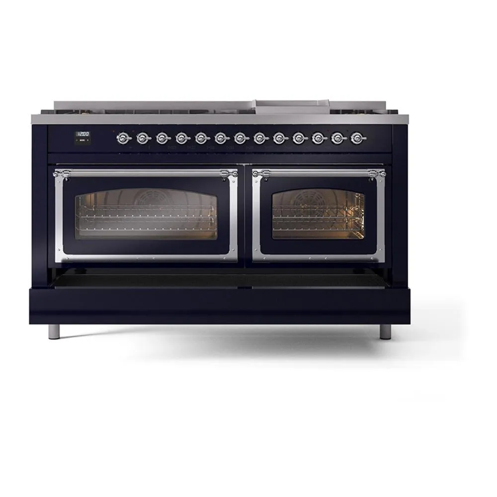 Ilve UN60FNMPMBCLP Ilve Un60Fnmpmbclp Nostalgie Ii Noblesse 60" Dual Fuel Range (9 Sealed Burners   Griddle, Liquid Propane, Triple Glass Door, Midnight Blue, Chrome)