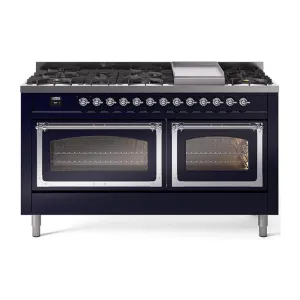 Ilve UN60FNMPMBCLP Ilve Un60Fnmpmbclp Nostalgie Ii Noblesse 60" Dual Fuel Range (9 Sealed Burners   Griddle, Liquid Propane, Triple Glass Door, Midnight Blue, Chrome) Professional Ranges dual fuel professional range 36 inch