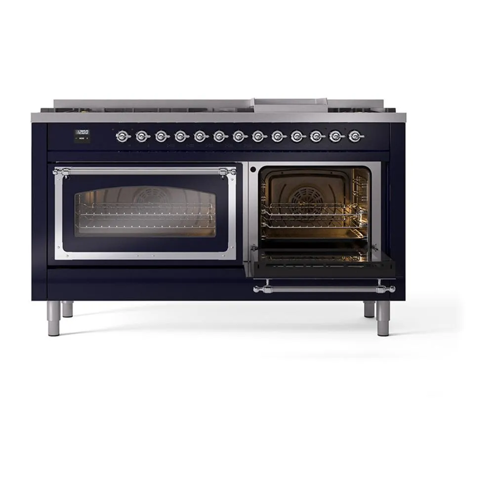 Ilve UN60FNMPMBCLP Ilve Un60Fnmpmbclp Nostalgie Ii Noblesse 60" Dual Fuel Range (9 Sealed Burners   Griddle, Liquid Propane, Triple Glass Door, Midnight Blue, Chrome)