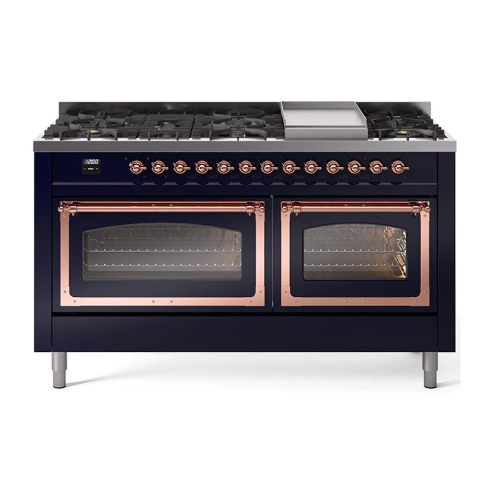 Ilve UN60FNMPMBP Ilve Un60Fnmpmbp Nostalgie Ii Noblesse 60" Dual Fuel Range (9 Sealed Burners   Griddle, Natural Gas, Triple Glass Door, Midnight Blue, Copper) Professional Ranges dual fuel professional range 36 inch