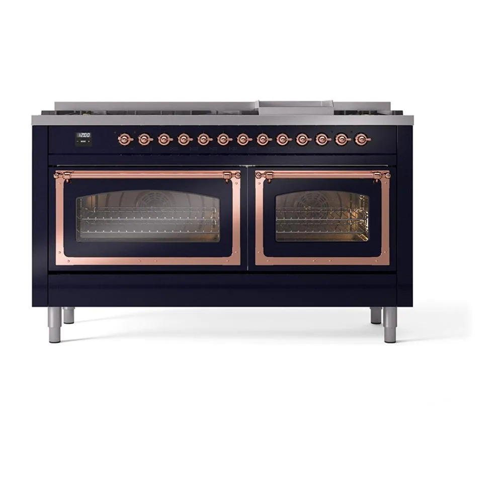Ilve UN60FNMPMBP Ilve Un60Fnmpmbp Nostalgie Ii Noblesse 60" Dual Fuel Range (9 Sealed Burners   Griddle, Natural Gas, Triple Glass Door, Midnight Blue, Copper)