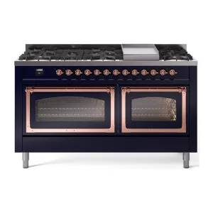 Ilve UN60FNMPMBP Ilve Un60Fnmpmbp Nostalgie Ii Noblesse 60" Dual Fuel Range (9 Sealed Burners   Griddle, Natural Gas, Triple Glass Door, Midnight Blue, Copper) Professional Ranges dual fuel professional range 36 inch