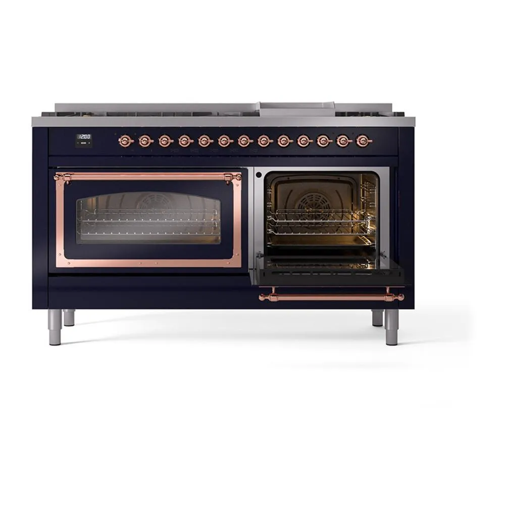Ilve UN60FNMPMBP Ilve Un60Fnmpmbp Nostalgie Ii Noblesse 60" Dual Fuel Range (9 Sealed Burners   Griddle, Natural Gas, Triple Glass Door, Midnight Blue, Copper)