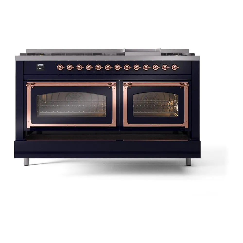 Ilve UN60FNMPMBP Ilve Un60Fnmpmbp Nostalgie Ii Noblesse 60" Dual Fuel Range (9 Sealed Burners   Griddle, Natural Gas, Triple Glass Door, Midnight Blue, Copper)