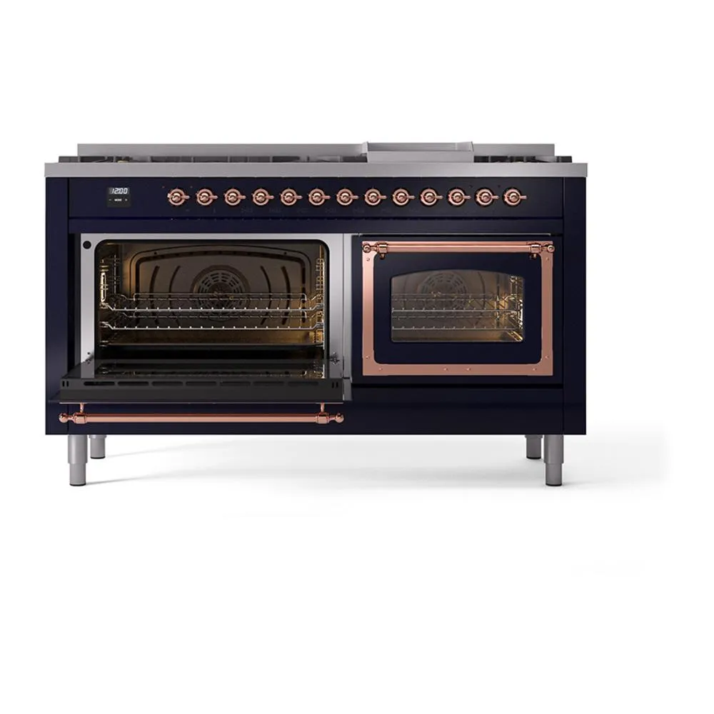 Ilve UN60FNMPMBP Ilve Un60Fnmpmbp Nostalgie Ii Noblesse 60" Dual Fuel Range (9 Sealed Burners   Griddle, Natural Gas, Triple Glass Door, Midnight Blue, Copper)