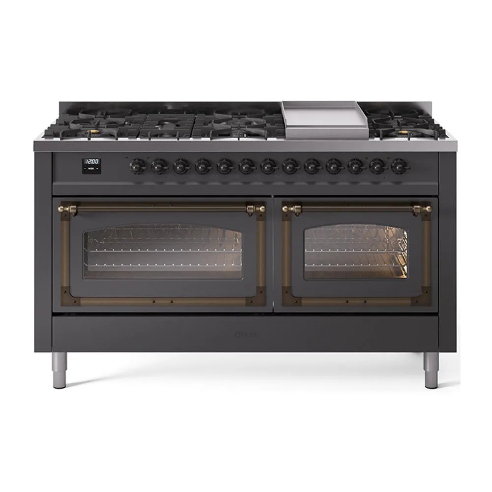 Ilve UN60FNMPMGBLP Ilve Un60Fnmpmgblp Nostalgie Ii Noblesse 60" Dual Fuel Range (9 Sealed Burners   Griddle, Liquid Propane, Triple Glass Door, Graphite Matte, Burnished) Professional Ranges dual fuel professional range 36 inch