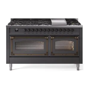Ilve UN60FNMPMGBLP Ilve Un60Fnmpmgblp Nostalgie Ii Noblesse 60" Dual Fuel Range (9 Sealed Burners   Griddle, Liquid Propane, Triple Glass Door, Graphite Matte, Burnished) Professional Ranges dual fuel professional range 36 inch