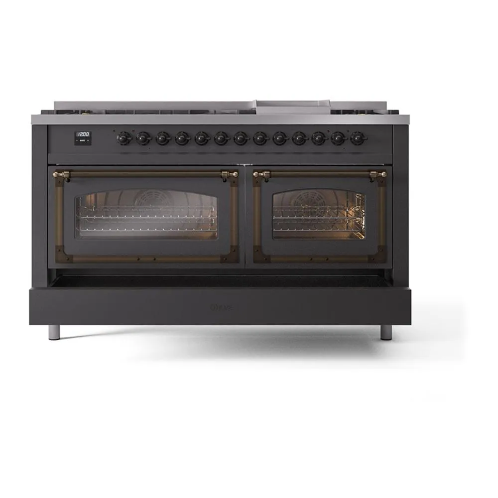Ilve UN60FNMPMGBLP Ilve Un60Fnmpmgblp Nostalgie Ii Noblesse 60" Dual Fuel Range (9 Sealed Burners   Griddle, Liquid Propane, Triple Glass Door, Graphite Matte, Burnished)