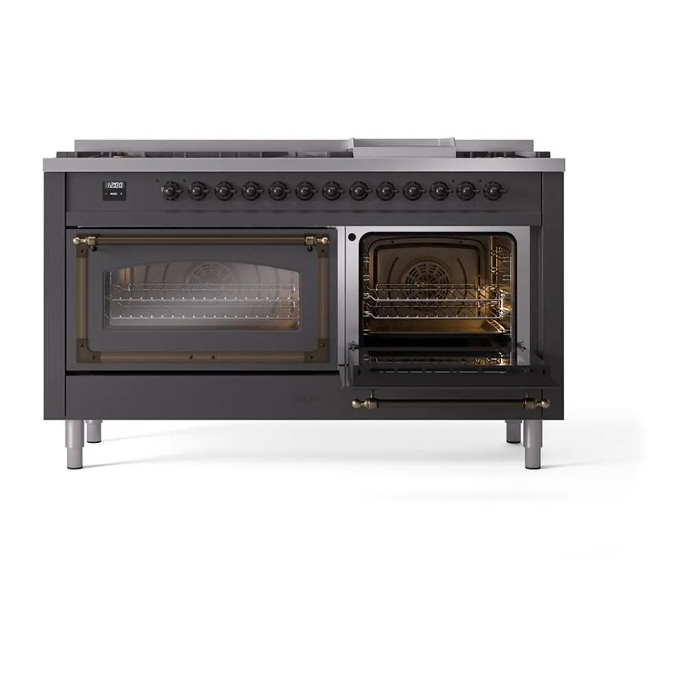 Ilve UN60FNMPMGBLP Ilve Un60Fnmpmgblp Nostalgie Ii Noblesse 60" Dual Fuel Range (9 Sealed Burners   Griddle, Liquid Propane, Triple Glass Door, Graphite Matte, Burnished)