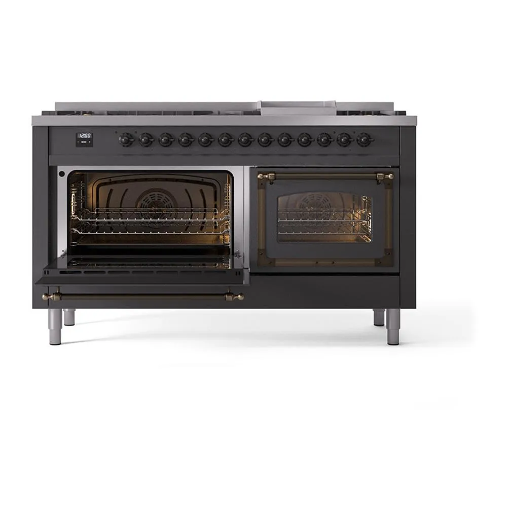 Ilve UN60FNMPMGBLP Ilve Un60Fnmpmgblp Nostalgie Ii Noblesse 60" Dual Fuel Range (9 Sealed Burners   Griddle, Liquid Propane, Triple Glass Door, Graphite Matte, Burnished)