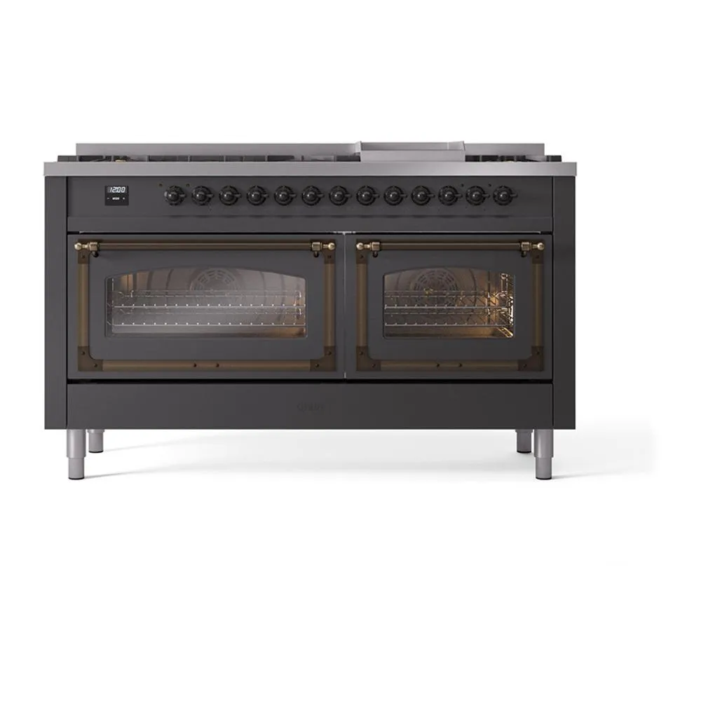 Ilve UN60FNMPMGBLP Ilve Un60Fnmpmgblp Nostalgie Ii Noblesse 60" Dual Fuel Range (9 Sealed Burners   Griddle, Liquid Propane, Triple Glass Door, Graphite Matte, Burnished)