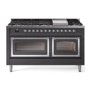 Ilve UN60FNMPMGC Ilve Un60Fnmpmgc Nostalgie Ii Noblesse 60" Dual Fuel Range (9 Sealed Burners   Griddle, Natural Gas, Triple Glass Door, Graphite Matte, Chrome) Professional Ranges dual fuel professional range 36 inch