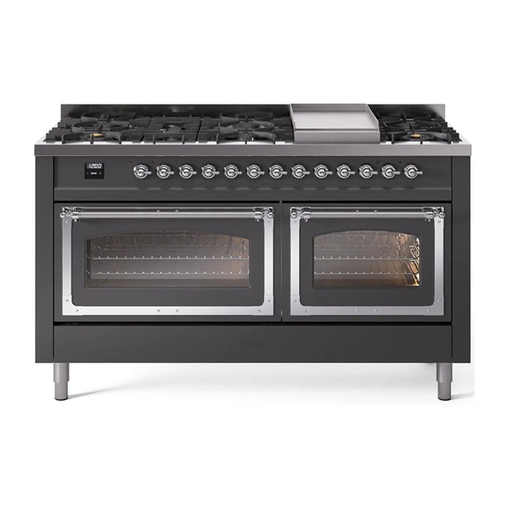 Ilve UN60FNMPMGC Ilve Un60Fnmpmgc Nostalgie Ii Noblesse 60" Dual Fuel Range (9 Sealed Burners   Griddle, Natural Gas, Triple Glass Door, Graphite Matte, Chrome) Professional Ranges dual fuel professional range 36 inch