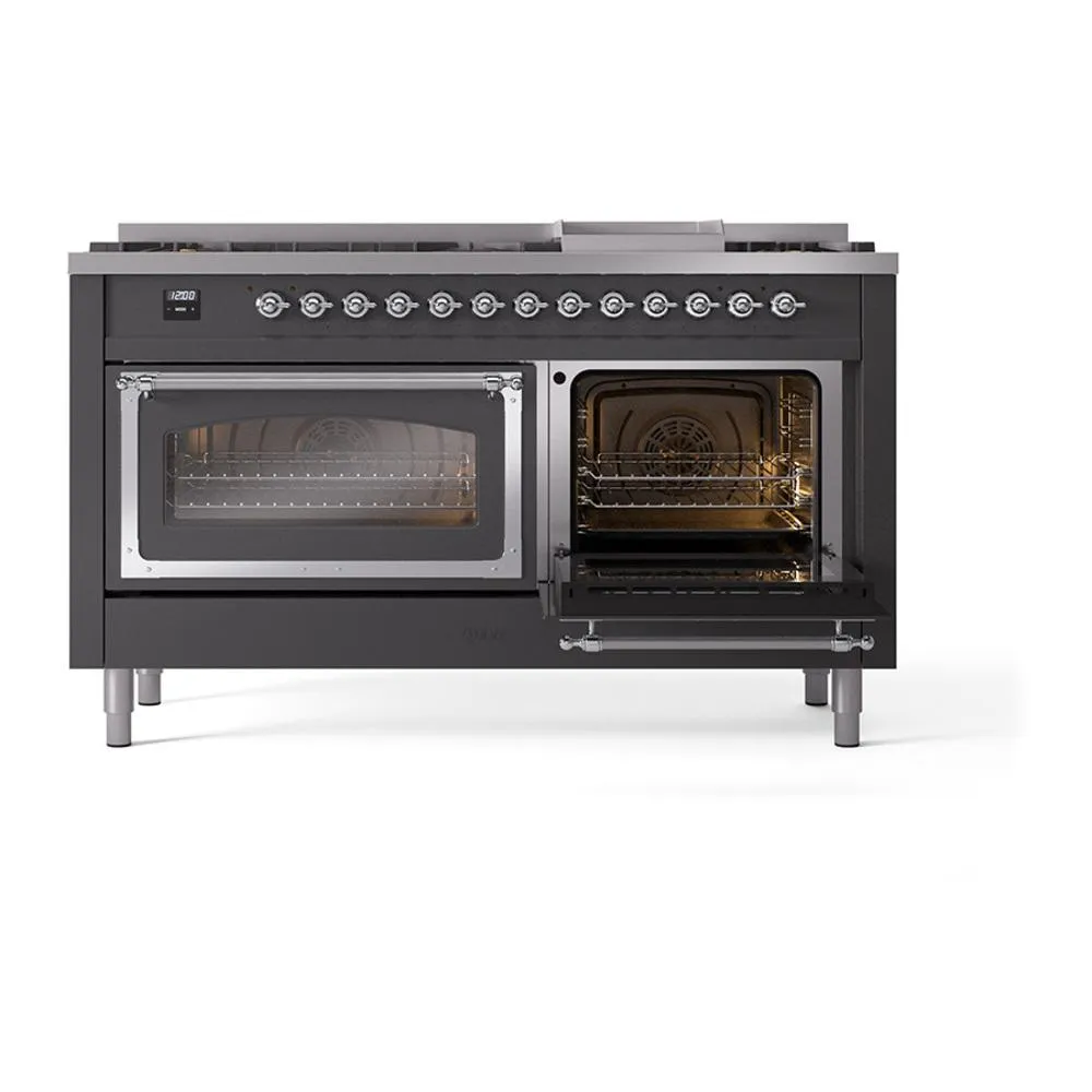 Ilve UN60FNMPMGC Ilve Un60Fnmpmgc Nostalgie Ii Noblesse 60" Dual Fuel Range (9 Sealed Burners   Griddle, Natural Gas, Triple Glass Door, Graphite Matte, Chrome)