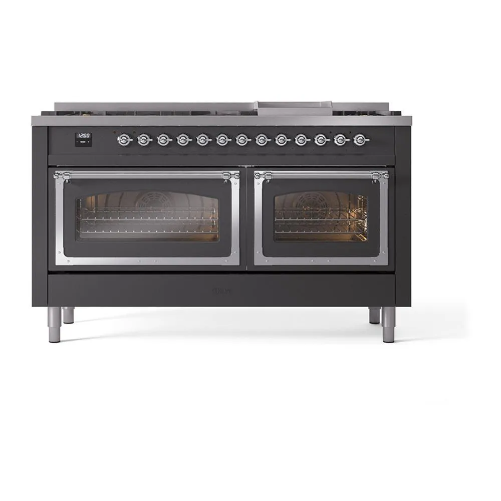 Ilve UN60FNMPMGC Ilve Un60Fnmpmgc Nostalgie Ii Noblesse 60" Dual Fuel Range (9 Sealed Burners   Griddle, Natural Gas, Triple Glass Door, Graphite Matte, Chrome)