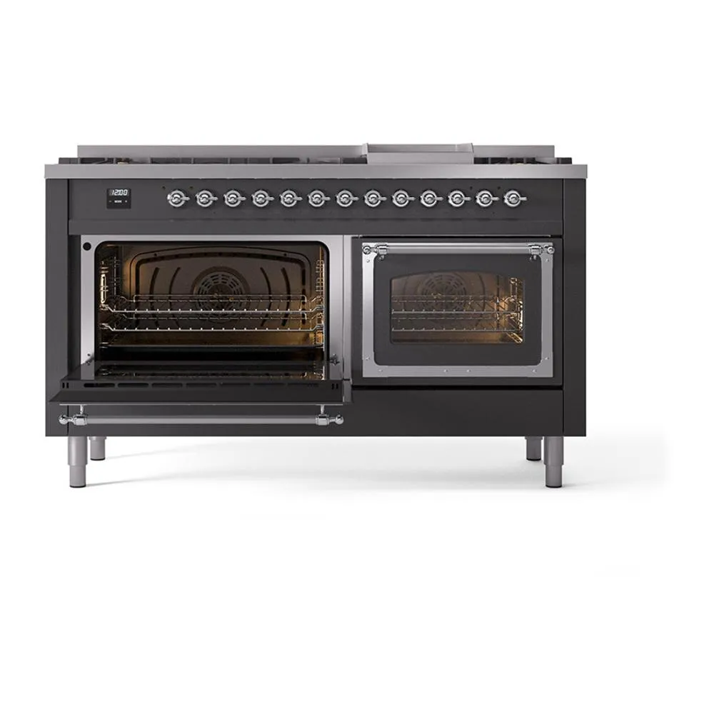 Ilve UN60FNMPMGCLP Ilve Un60Fnmpmgclp Nostalgie Ii Noblesse 60" Dual Fuel Range (9 Sealed Burners   Griddle, Liquid Propane, Triple Glass Door, Graphite Matte, Chrome)