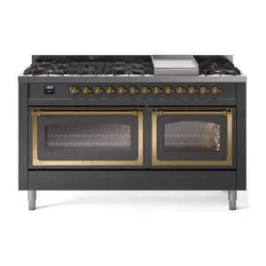 Ilve UN60FNMPMGGLP Ilve Un60Fnmpmgglp Nostalgie Ii Noblesse 60" Dual Fuel Range (9 Sealed Burners   Griddle, Liquid Propane, Triple Glass Door, Graphite Matte, Brass) Professional Ranges dual fuel professional range 36 inch