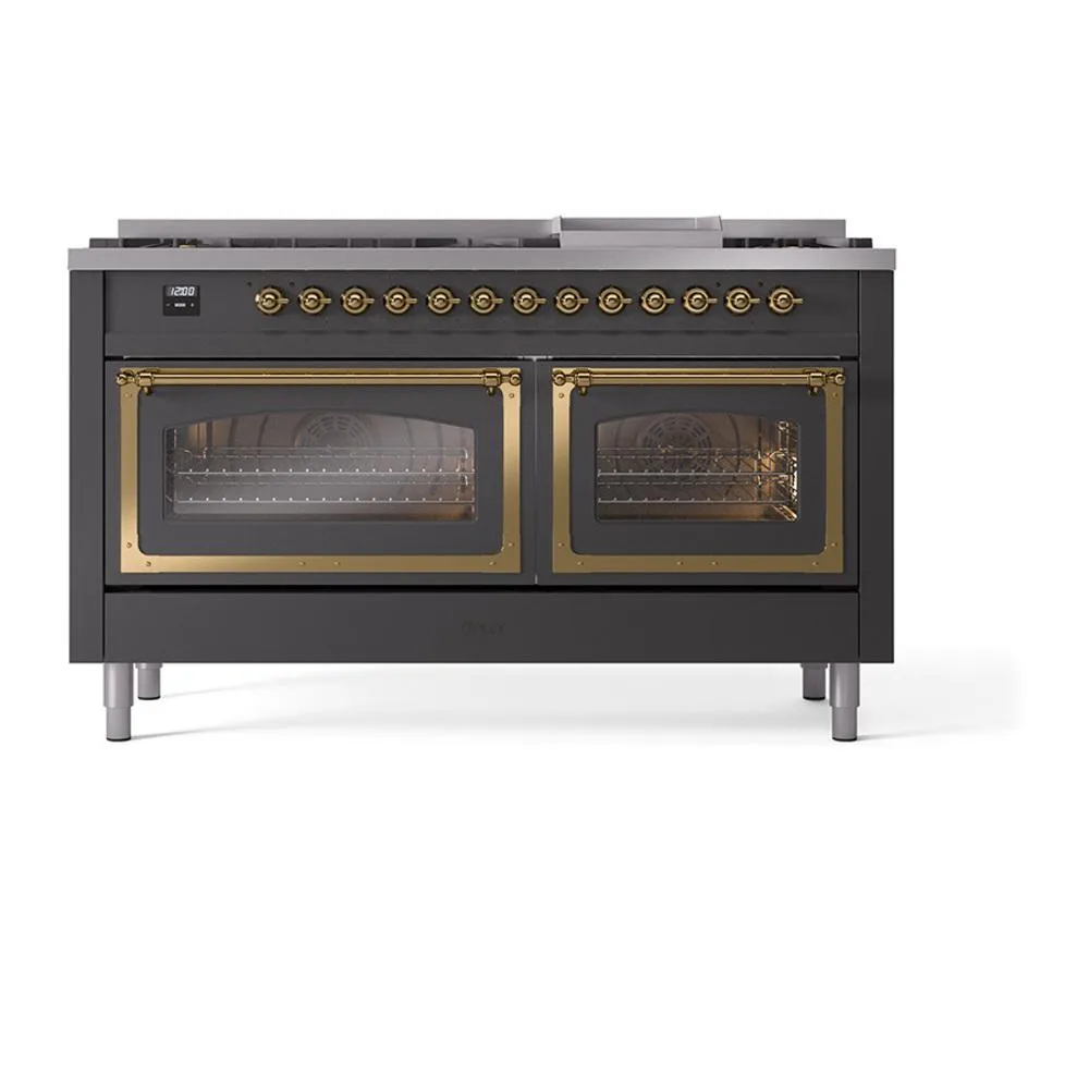 Ilve UN60FNMPMGGLP Ilve Un60Fnmpmgglp Nostalgie Ii Noblesse 60" Dual Fuel Range (9 Sealed Burners   Griddle, Liquid Propane, Triple Glass Door, Graphite Matte, Brass)