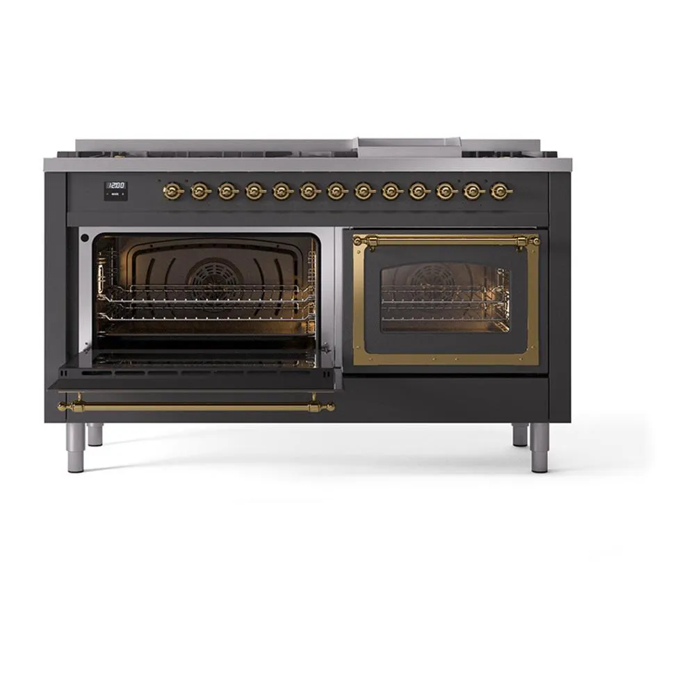 Ilve UN60FNMPMGGLP Ilve Un60Fnmpmgglp Nostalgie Ii Noblesse 60" Dual Fuel Range (9 Sealed Burners   Griddle, Liquid Propane, Triple Glass Door, Graphite Matte, Brass)