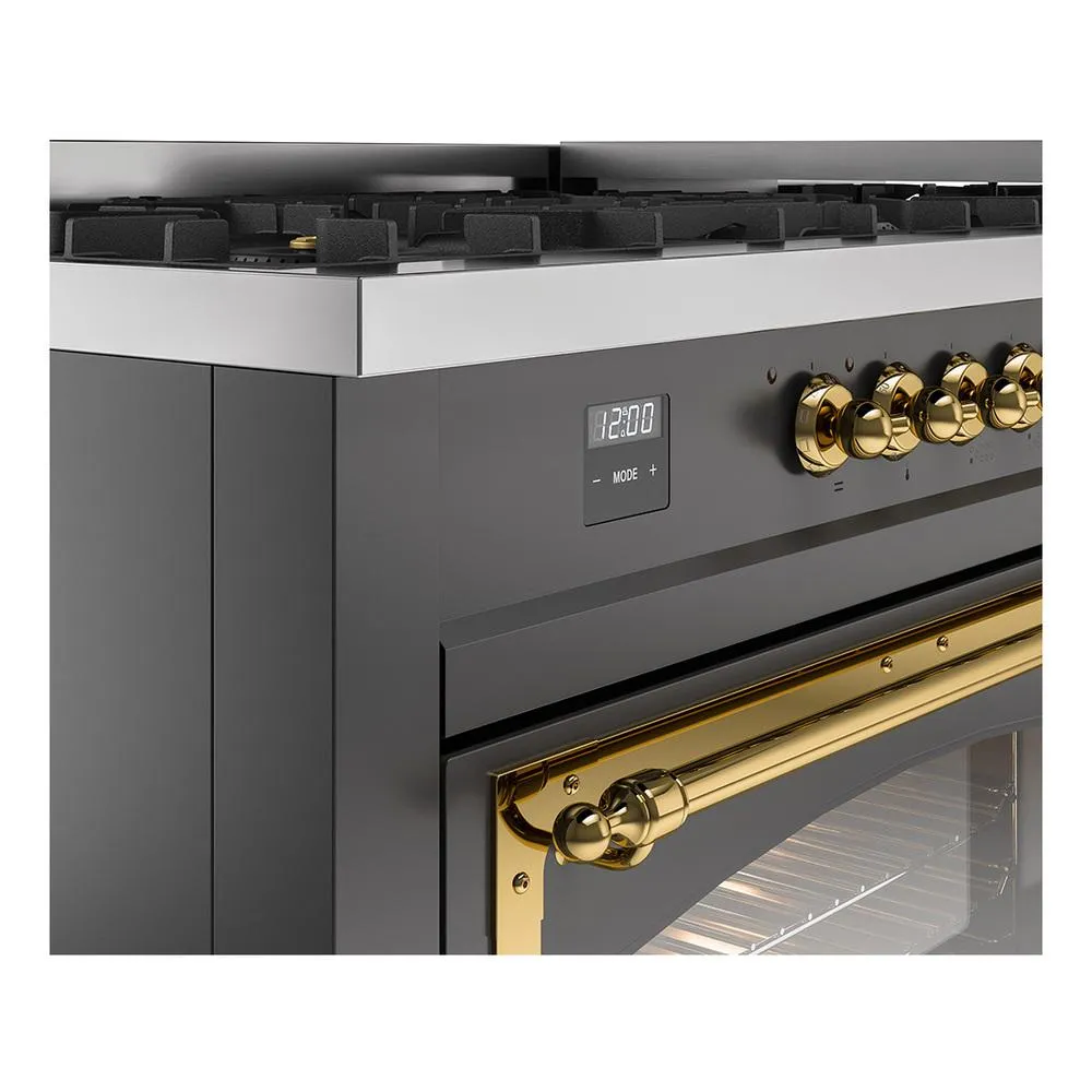 Ilve UN60FNMPMGGLP Ilve Un60Fnmpmgglp Nostalgie Ii Noblesse 60" Dual Fuel Range (9 Sealed Burners   Griddle, Liquid Propane, Triple Glass Door, Graphite Matte, Brass)