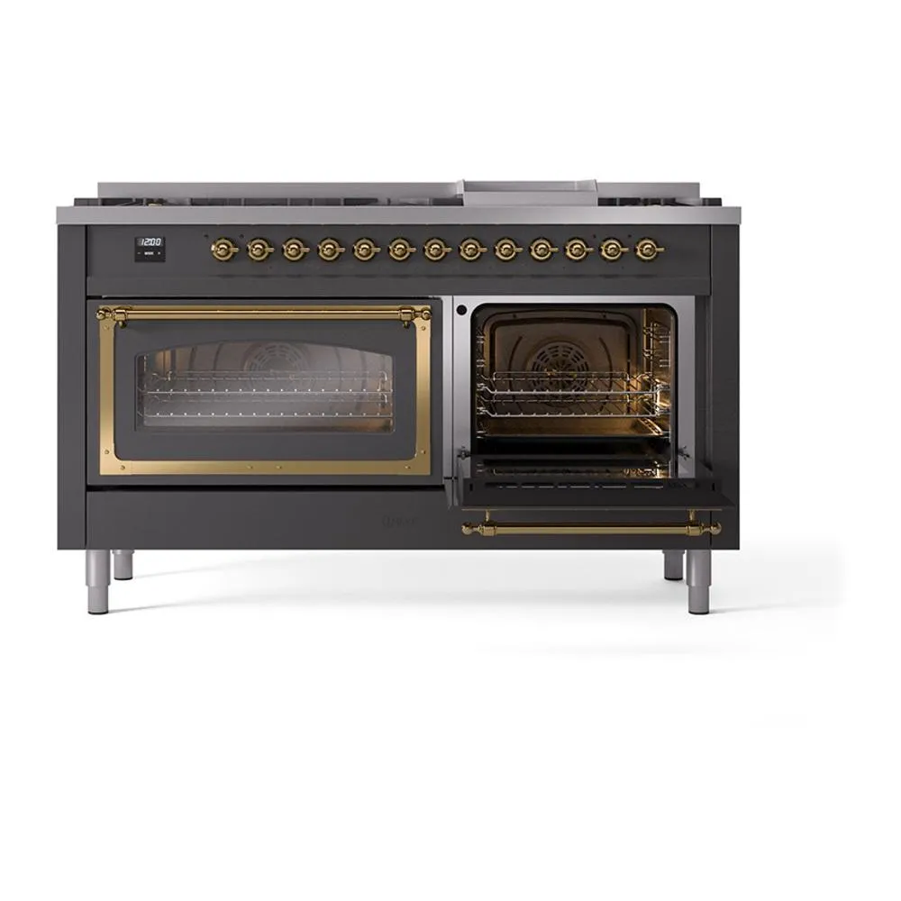 Ilve UN60FNMPMGGLP Ilve Un60Fnmpmgglp Nostalgie Ii Noblesse 60" Dual Fuel Range (9 Sealed Burners   Griddle, Liquid Propane, Triple Glass Door, Graphite Matte, Brass)