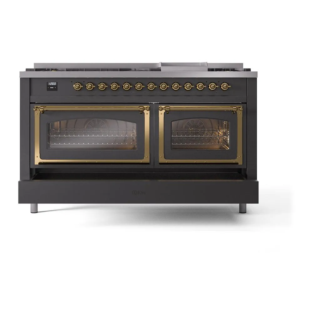 Ilve UN60FNMPMGGLP Ilve Un60Fnmpmgglp Nostalgie Ii Noblesse 60" Dual Fuel Range (9 Sealed Burners   Griddle, Liquid Propane, Triple Glass Door, Graphite Matte, Brass)