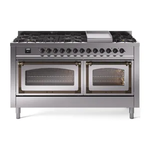 Ilve UN60FNMPSSB Ilve Un60Fnmpssb Nostalgie Ii Noblesse 60" Dual Fuel Range (9 Sealed Burners   Griddle, Natural Gas, Triple Glass Door, Stainless Steel, Burnished) Professional Ranges dual fuel professional range 36 inch
